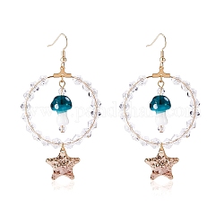 Glass Beaded Big Circle Dangle Earrings, Lampwork Mushroom & Brass Star Drop Earrings for Women, Green, 78mm, Pin: 0.7mm