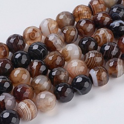 Natural Striped Agate/Banded Agate Beads Strands, Faceted, Dyed, Round, Saddle Brown, 8mm, Hole: 1mm, about 46pcs/strand, 14.5 inch