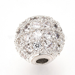 Perles de zircone cubique micro pave en Laiton, ronde, clair, platine, 14mm, Trou: 2mm