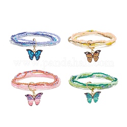 Perles de rocaille en verre bracelets multi-rangs perlés, alliage émail breloque papillon bracelets extensibles pour femme, or, diamètre intérieur: 1-7/8~2 pouce (4.9~5.2 cm)
