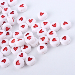 Perles de cœur avec lettre en acrylique opaque, rouge-orange, 7x7x3.5mm, Trou: 1.8mm