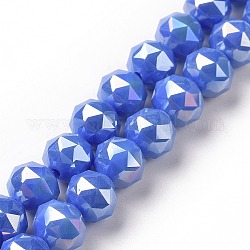 Chapelets de perles en verre opaque électrolytique, de couleur plaquée ab , facette, ronde, bleu royal, 8x7.5mm, Trou: 1.5mm, Environ 71~72 pcs/chapelet, 20.87'' (53 cm)