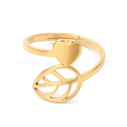 Placage ionique (ip) 304 anneau réglable coeur et feuille en acier inoxydable pour femme, or, diamètre intérieur: 17 mm