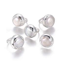 Adjustable Pearl Rings, with Brass Findings, Flat Round, Silver Color Plated, Size 6, 16mm