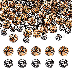 Biyun 100pcs 2 motifs imprimés perles en bois naturel, rond avec motif vache & motif imprimé léopard, couleur mixte, 50pcs / modèle
