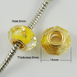 Glass European Beads, with Golden Plated Brass Double Cores, Faceted, Rondelle, Yellow, 14x9mm, Hole: 5mm