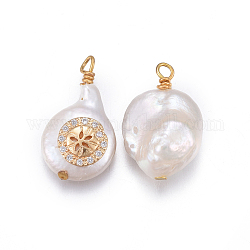 Pendentifs de perles d'eau douce de culture naturelle, avec les accessoires de zircons en laiton, pépites avec rond plat, or, clair, 17~26x11~16x5~11mm, Trou: 1.6~2mm