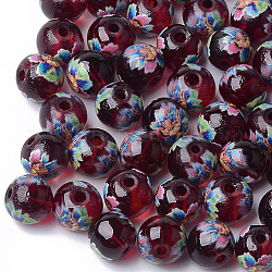 Perle di vetro trasparenti stampate e verniciate a spruzzo, tondo con motivo floreale, rosso scuro, 8~8.5x7.5mm, Foro: 1.4 mm