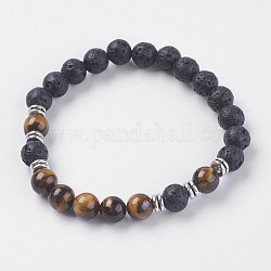 Natural Lava Rock Beads Stretch Bracelets, with Tiger Eye and Alloy Finding, 2-1/8 inch(55mm)