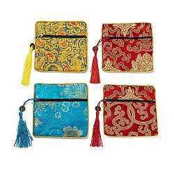 Chinese Brocade Tassel Zipper Jewelry Bag Gift Pouch, Square with Flower Pattern, Mixed Color, 11.5~11.8x11.5~11.8x0.4~0.5cm