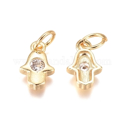 Religion Brass Charms, with Cubic Zirconia and Jump Rings, Hamsa Hand/Hand of Fatima/Hand of Miriam, Clear, Golden, 10x6.5x2mm, Hole: 3mm
