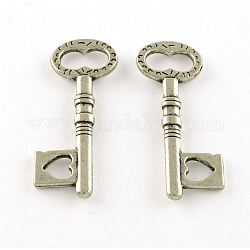 Tibetan Style Alloy Pendants, Key with Heart, Cadmium Free & Lead Free, Antique Silver, 34x14x2.5mm, about 613pcs/1000g