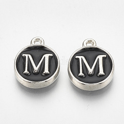 Alloy Enamel Charms, Flat Round with Letter, Platinum, Black, Letter.M, 14x11.5x2.5mm, Hole: 1mm