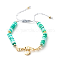 Handmade Disc Polymer Clay Braided Bead Bracelet, Brass Mariner Link Chains Bracelet, Flat Round with Star Enamel Charms Bracelet for Women, Golden, Medium Aquamarine, Inner Diameter: 2-3/8~3-1/2 inch(6~9cm) 