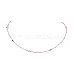 Lampwork Evil Eye & Glass Seed Beads Necklace with Real 18K Gold Plated 304 Stainless Steel Clasps, Pink, 17.13 inch(43.5cm)