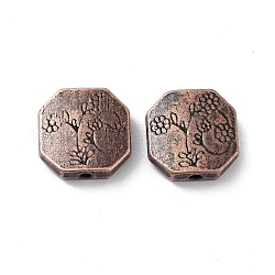 Perles en alliage de style tibétain, sans cadmium et sans plomb, hexagone avec des fleurs, cuivre rouge, 11x11x3.5mm, Trou: 1.4mm