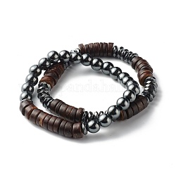Synthetic Hematite Beads Stretch Bracelets Sets for Men Women, Dyed Donut Coconut Beads Bracelet, Black, Inner Diameter: 2-1/4~2-3/8 inch(5.7~6cm), 2pcs/set