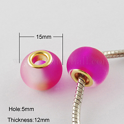 Two Tone Glass European Beads, with Golden Plated Brass Double Cores, Large Hole Beads, Rubberized Style, Rondelle, Fuchsia, 15x12mm, Hole: 5mm