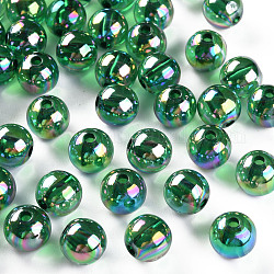 Perles en acrylique transparente, de couleur plaquée ab , ronde, verte, 10x9mm, Trou: 2mm, environ 940 pcs/500 g