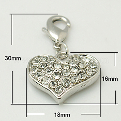 Alloy Rhinestone Pendants, Cadmium Free & Lead Free, Grade A, with Lobster Clasp, Heart, Platinum Metal Color, Crystal, 30x18x4mm