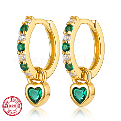 Real 18K Gold Plated 925 Sterling Silver Dangle Hoop Earrings, with 925 Stamp, Heart, Green, 14x4mm