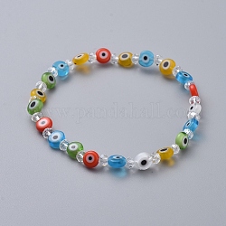 Fait à la main mauvais œil au chalumeau perles rondes plates bracelets extensibles, avec des perles à facettes en verre rondelle, colorées, 2 pouce (5 cm)