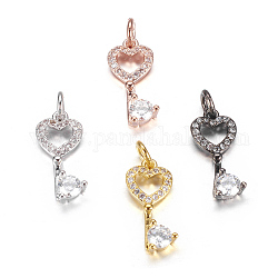 Brass Micro Pave Cubic Zirconia Pendants, Key, Mixed Color, 17x8x3mm, Hole: 3mm