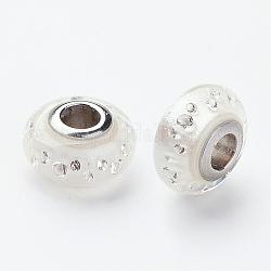 Perles européennes de résine en 304 acier inoxydable, avec la zircone cubique et émail, rondelle, Perles avec un grand trou   , blanc, 14.5x8mm, Trou: 5mm
