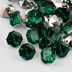 2-Hoyo botones de octágono de acrílico Diamante de imitación de Taiwán, facetado y plateado plateado hacia atrás, cerceta, 11x10x6mm, agujero: 1 mm