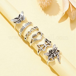 6pcs 6 anelli impilabili in lega a forma di farfalla e cuore e catena, gioielli gotici per le donne, argento antico, diametro interno: 16~17.3mm, 1pc / style