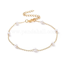 Pulseras redondas de cuentas de perlas de imitación de plástico, con chapado al vacío 304 cadenas de freno de acero inoxidable, blanco, dorado, 7-1/8 pulgada (18.2 cm)