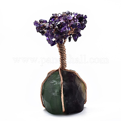 Natural Amethyst Chips and Fluorite Pedestal Display Decorations, Healing Stone Tree, for Reiki Healing Crystals Chakra Balancing, with Rose Gold Plated Aluminum Wires, Lucky Tree, 140~155x80~105x60~67mm