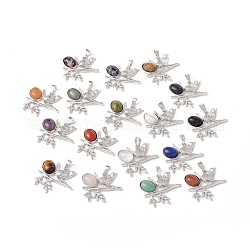 Natural & Synthetic Gemstone Pendants, with Platinum Tone Brass Findings, Cadmium Free & Lead Free, Bird with Oval Charms, Mixed Dyed and Undyed, 29x32x6mm, Hole: 5x8mm