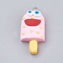 Handmade Fimo Anhänger, mit  eisernem Zubehör, kantille, Eis mit lächelndem Gesicht, Platin Farbe, Perle rosa, 34~35x16~17x8~9 mm, Bohrung: 2 mm