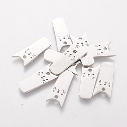 201 Stainless Steel Kitten Pendants, Rectangle with Cat Shape, Stainless Steel Color, 20x8x1.1mm, Hole: 1mm