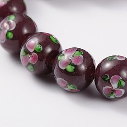 Handmade Lampwork Round Beads, with Flower Patern, Coconut Brown, 12mm, Hole: 1mm
