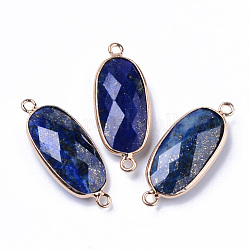 Connecteurs de liens naturels lapis lazuli, avec boucles en laiton plaqué or clair, ovale, facette, 27x11x5.5mm, Trou: 2mm