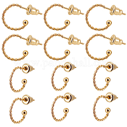 Beebeecraft 30Pcs 304 Stainless Steel Round Twist Stud Earrings, Half Hoop Earrings for Women, with 30Pcs 304 Stainless Steel Ear Nuts, Real 18K Gold Plated, 12.5x18.5x1.2mm, Pin: 0.7mm