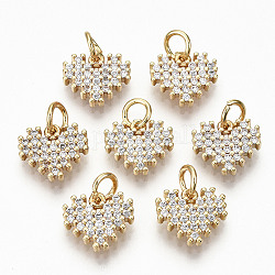 Brass Micro Pave Clear Cubic Zirconia Charms, Nickel Free, Heart, Real 18K Gold Plated, 9x10x2mm, Jump Ring: 5x0.8mm, 3mm inner diameter
