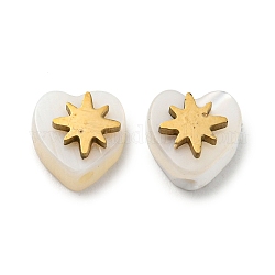 Perline di cuore di conchiglia naturale, con 304 stella ornamentale in acciaio inossidabile, vero placcato oro 18k, 6x6x3.5mm, Foro: 0.6 mm