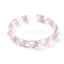 Bracciale rigido con perline di quarzo rosa naturale, braccialetto aperto avvolgente in filo di rame, colore acciaio inossidabile, diametro interno: 2-1/8 pollice (5.5 cm)
