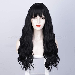 Длинные волнистые вьющиеся парики, синтетические парики, с аккуратной челкой, термостойкое высокотемпературное волокно, для женщины, чёрные, 27.55 дюйм (70 см)