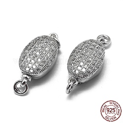 Rhodium Plated 925 Sterling Silver Bayonet Clasps, with 925 Stamp, with Cubic Zirconia, Oval, Clear, Platinum, 16.5x8x5.5mm, Hole: 1.5mm