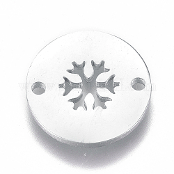304 Verbindungsstecker aus Edelstahl, flach rund mit Schneeflocke, für Weihnachten, Edelstahl Farbe, 12x1 mm, Bohrung: 1.2 mm