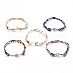 Bracelets multi-rangs en coton, avec fil de nylon et perles en alliage de style tibétain, tête de bouddha, argent antique, couleur mixte, diamètre intérieur: 2-3/4 pouce (7 cm)