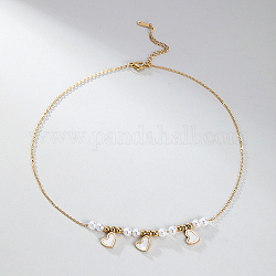 Collar con babero de corazón de acero inoxidable con cadenas de cuentas de perlas de imitación para mujer, real 18k chapado en oro, 15.35 pulgada (39 cm)