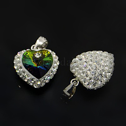 Austrian Crystal Resin Pendants, with 925 Sterling Silver Bails, Heart, 001_Crystal & 205_Emerald, 16x14x9mm, Hole: 3x5mm