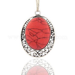 Antique Silver Tone Alloy Dyed Synthetic Turquoise Big Pendants, Oval Necklace Big Pendants, Red, 58x41x8mm, Hole: 4mm