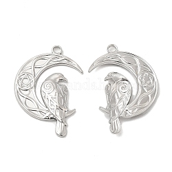 304 Stainless Steel Pendants, Moon with Bird Charm, Stainless Steel Color, 36x24x3mm, Hole: 3mm