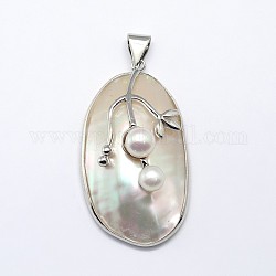 Oval Natural Mother of Pearl Shell Pendants, with Pearl and Platinum Plated Brass Findings, Seashell Color, 43~49x22~28x15~22mm, Hole: 4x6mm